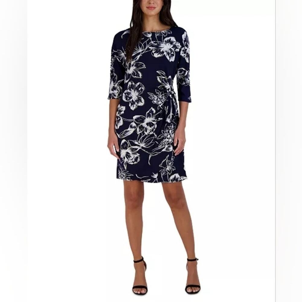 Signature by Robbie Bee Navy and White Floral Tie-Accent Shift Dress Sz PS. #G13